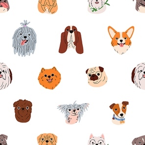 Cute dogs faces, muzzles pattern. Seamless background, repeating canine print with different doggy breeds. Endless texture design, amusing funny puppies heads, snouts. Colored flat vector illustration.