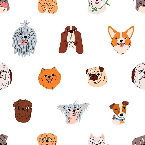Cute dogs faces, muzzles pattern. Seamless background, repeating canine print with different doggy breeds. Endless texture design, amusing funny puppies heads, snouts. Colored flat vector illustration.