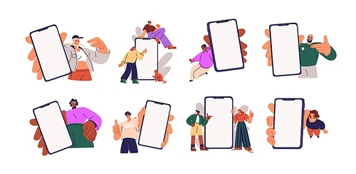 Persons showing mobile phone screen mockups set. Happy people holding big blank smartphone displays in hands, recommending application. Flat graphic vector illustrations isolated on white background.