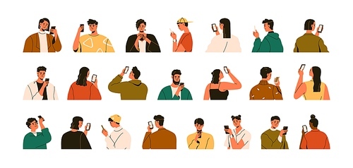 People hold mobile smart phones set. Men, women using smartphones, surfing internet, reading. Users characters with cellphones in hands. Flat graphic vector illustrations isolated on white background.