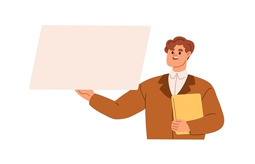 Business speaker presenting blank paper board. Businessman, coach, expert showing presentation, information, report on empty screen, speaking. Flat vector illustration isolated on white background.