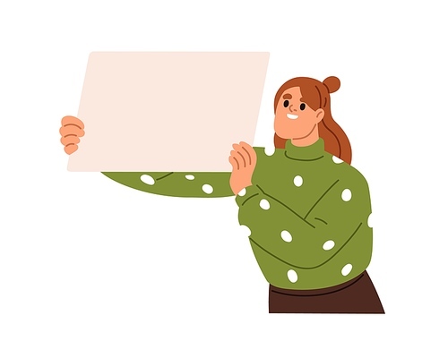 Happy woman holding blank paper board in hand. Girl showing empty presentation, demonstrating, presenting, advertising, marketing placard. Flat vector illustration isolated on white background.