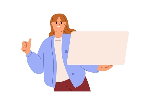 Woman holds empty blank paper board in hand. Happy young girl showing, presenting clean placard, advertising, promoting, recommending, announcing. Flat vector illustration isolated on white background.