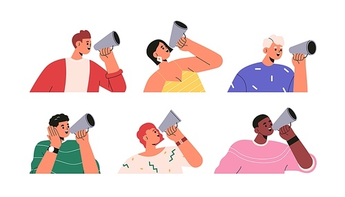 People with bullhorns in hands set. Men, women holding loudspeakers, speaking, announcing news, alert, promoting message with megaphone. Flat graphic vector illustrations isolated on white background.