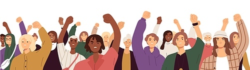 Crowd of angry protesters with fists raised up at demonstration. People supporting Black Lives Matter movement and protesting against discrimination. Colored flat vector illustration isolated on white