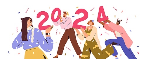 Happy people with 2024 for New Year holiday. Fun friends hold numbers, celebrate winter party. Men, women characters and Newyear celebration. Flat vector illustration isolated on white background.