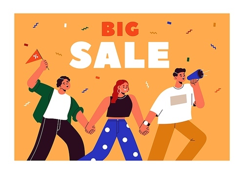 Big sale announcement, discount promotion banner. Happy people with bullhorn, loudspeaker announcing, advertising, promoting discounts in shops. Marketing ad background. Flat vector illustration.