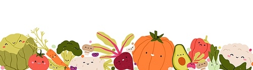 Vegetable border. Farm harvest, healthy vegan food, horizontal banner. Assorted veggies characters. Fresh vegetarian eating mix. Kids childish flat vector illustration isolated on white background.