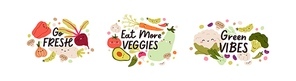 Cute fresh healthy vegetables compositions set. Funny vegetarian stickers with happy veggies characters, tomato, cauliflower and vegan phrases. Flat vector illustrations isolated on white background.