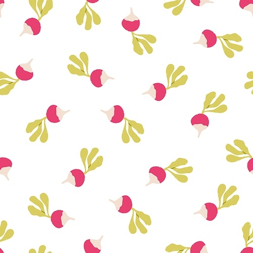 Radish, seamless pattern. Endless vegetable background. Natural food, vegetarian repeating print. Repeatable texture design. Flat vector illustration for textile, fabric, wrapping, wallpaper.