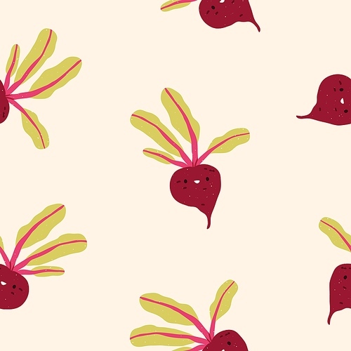 Cute beetroot, seamless pattern, endless background design. Repeating print, texture with funny vegetable character with happy face. Childish flat vector illustration for wrapping, textile, fabric.
