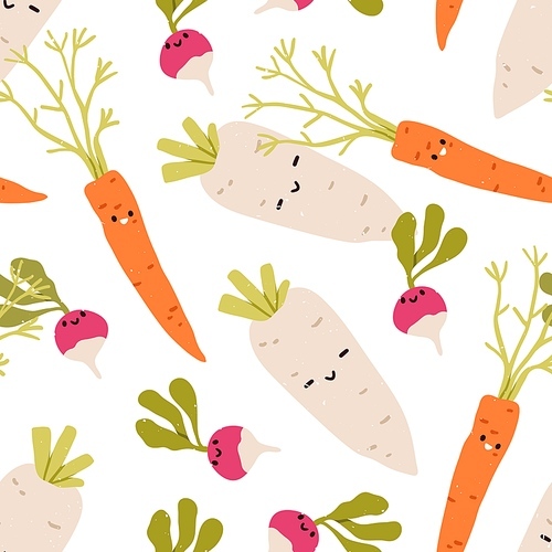 Cute happy vegetables characters, seamless pattern. Endless background, funny carrots, daikon, radish smiling. Healthy food, veggies, repeating print. Childish printable flat vector illustration.