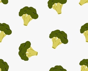 Broccoli, seamless pattern. Endless vegetarian background, texture design. Green brocoli, vegetable, vitamin diet veggies, repeating print. Flat vector illustration for textile, fabric, wrapping.