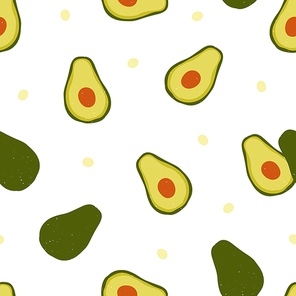 Avocado halves, seamless pattern. Green fruit, tropical vegetable, repeating print. Endless vegetarian background design, printable texture. Flat vector illustration for textile, fabric, wrapping.