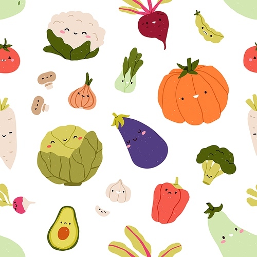 Cute funny vegetable characters, seamless pattern. Endless background, design repeating print, autumn harvest, pumpkin, avocado, broccoli with faces. Flat vector illustration for textile, fabric.