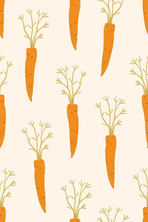 Carrots, seamless pattern. Endless vegetarian print, background design. Healthy vitamin food, repeating texture for fabric, textile, wrapping, wallpaper and decoration. Flat vector illustration.