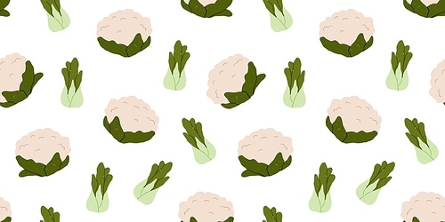 Green vegetable pattern. Seamless vegetarian background, cauliflower and bok choy veggies. Printable vegan repeating print. Repeatable flat vector illustration for wrapping, textile, fabric, wallpaper.