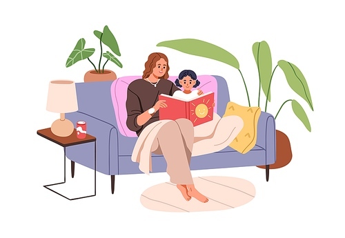 Mother and child reading book together, sitting on sofa at home. Mom and girl kid relax on couch with fairytale. Parent and daughter at leisure. Flat vector illustration isolated on white background.