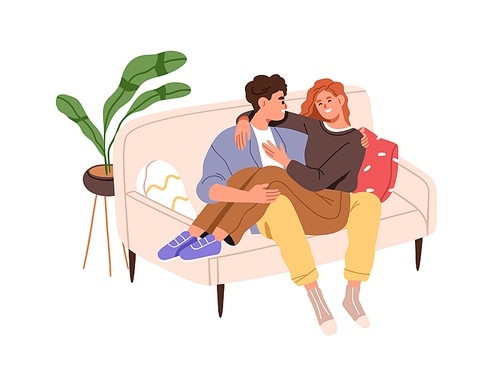 Happy love couple relaxing together, sitting on sofa at home. Young romantic man and woman hugging, laughing, resting on couch at leisure. Flat vector illustration isolated on white background.