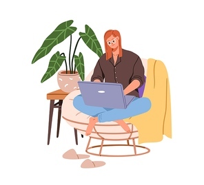 Happy woman works from home, sitting in cozy armchair at laptop computer. Young freelancer, remote worker working, studying online, in internet. Flat vector illustration isolated on white background.