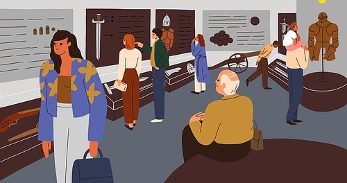 History and archaeology exhibition, exposition in historical museum. People visiting, walking, watching, studying displayed artifacts. Visitors in hall of ancient culture. Flat vector illustration.
