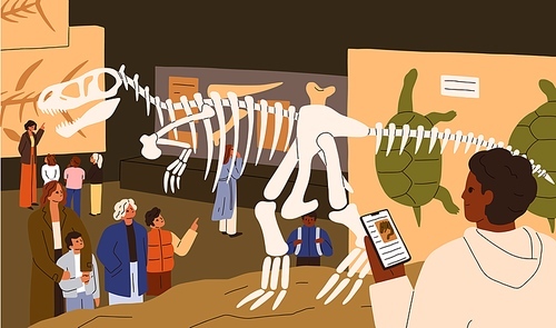 Archeology and paleontology museum. Visitors looking at prehistoric bones, displayed dinosaur skeleton, archaeological fossils at prehistory Jurassic period exhibition. Flat vector illustration.