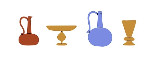 Old ancient crockery set. Vintage jug, pitcher, dish, goblet. Historical pottery collection. Traditional antique vessels, beaker, ewer, vase. Flat vector illustrations isolated on white background.