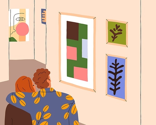 Couple in contemporary art gallery, museum. Romantic man and woman on date, visiting modern exhibition, exposition, watching trendy paintings, framed pictures on wall. Flat vector illustration.