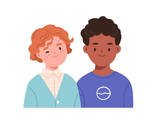 Two happy children. Kids couple, face portrait. Smiling boys friends of different race. Interracial school students, classmates together. Flat vector illustration isolated on white background.