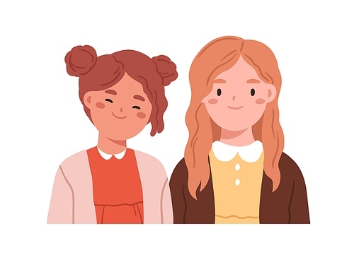 Two happy girls friends, face portrait. Cute children couple. Smiling kids sisters together. Positive lovely female classmates, school mates. Flat vector illustration isolated on white background.