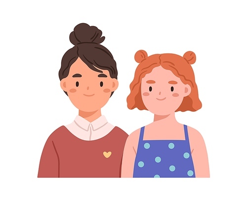 Happy girls friends portrait. Two smiling kids together. Pair, couple of lovely cute children. Positive joyful girlfriends, classmates. Flat vector illustration isolated on white background.