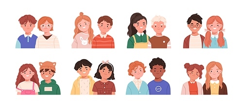 Happy kids couples. Children friends, classmates and siblings pairs portrait. Diverse little smiling boys and girls set, elementary school child. Flat vector illustrations isolated on white background.