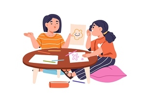 Girls children drawing at table with papers, pencils, Cute little kids friends sitting, talking, playing, painting together at creative leisure. Flat vector illustration isolated on white background.