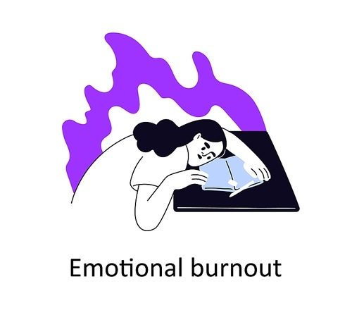 Emotional burnout, mental exhaustion, psychology problem concept. Exhausted fatigue tired depressed person in frustration, apathy. Psychological flat vector illustration isolated on white background.