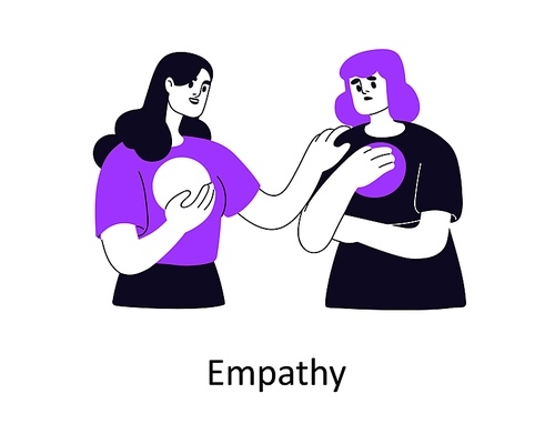 Empathy, support and compassion, psychology help concept. Woman comforting friend, caring, feeling sympathy, understanding emotions, problem. Flat vector illustration isolated on white background.