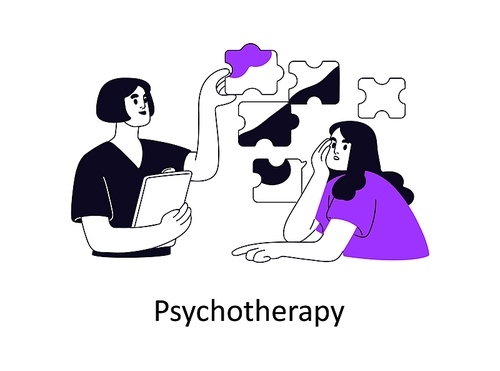 Psychotherapy, psychology concept. Mental session with psychotherapist, psychiatrist. Psychologist helps solve psychological problem of patient. Flat vector illustration isolated on white background.