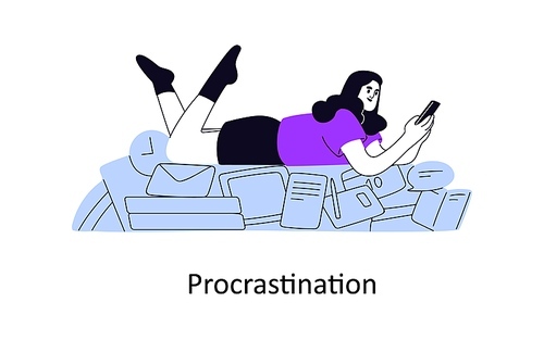 Procrastination concept. Lazy irresponsible unproductive person postponing, delaying work for later time, distracted by mobile phone. Flat graphic vector illustration isolated on white background.