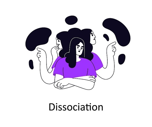 Dissociation, mental health disorder. Psychology concept. Dissociated disconnected detached person experiencing multiple feelings, emotions. Flat vector illustration isolated on white background.