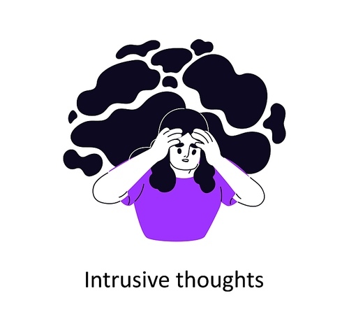 Intrusive thoughts, unwanted unpleasant ideas in mind. Psychology concept. Anxious person suffering from obsession, anxiety, worrying, concerning. Flat vector illustration isolated on white background.