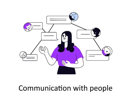 Communication with people, networking, conversation concept. Person making connections, social contacts, speaking, communicating, negotiating. Flat vector illustration isolated on white background.