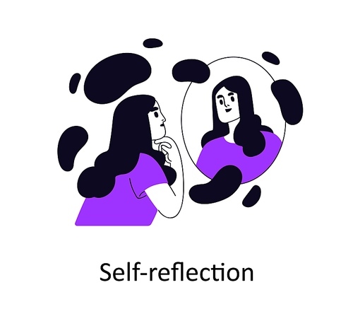 Self-reflection, analysis, mental health and psychology concept. Person reflecting, thinking in front of mirror. Reflective thoughtful woman. Flat vector illustration isolated on white background.