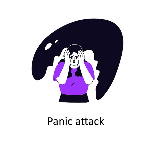 Panic attack and anxiety, psychology concept. Scared nervous disoriented woman feeling fear. Psychological, mental health disorder, disease. Flat vector illustration isolated on white background.