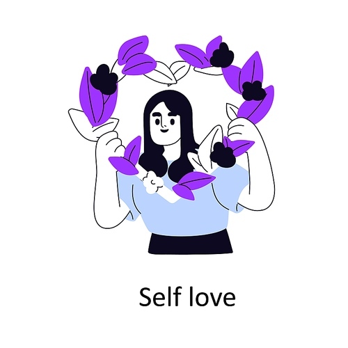 Self-love, acceptance concept. Happy girl holds heart, flower wreath. Woman with healthy esteem, harmony with herself. Psychology, mental health. Flat vector illustration isolated on white background.