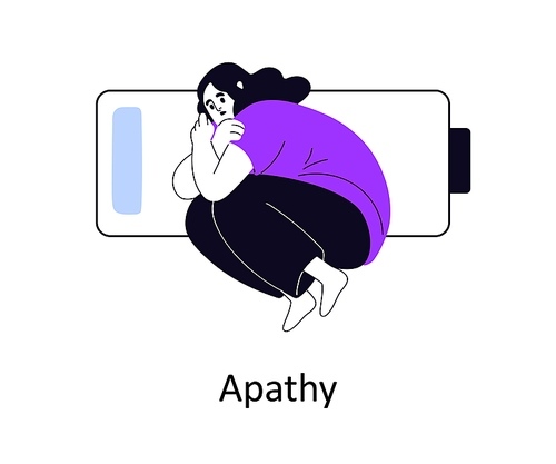 Apathy, psychology concept. Apathetic exhausted woman with low energy, exhaustion. Fatigue tired unmotivated girl. Burnout, tiredness, crisis. Flat vector illustration isolated on white background.