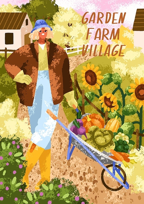 Woman at farm garden, card. Girl farmer with organic vegetable harvest. Modern agriculture worker with wheelbarrow, rural countryside landscape, postcard background. Flat vector illustration.