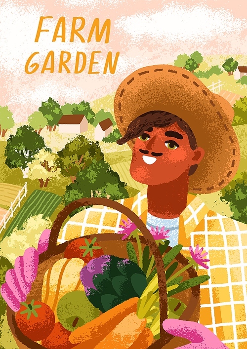 Farmer and harvest, agriculture card. Farm worker in hat holding garden fruits and vegetables in basket. Happy man with organic natural crops at countryside, rural nature. Flat vector illustration.