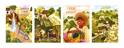 Farm, garden, agriculture cards set. Farmers, summer countryside landscapes, farmlands, rural nature with organic eco vegetable, fruits. Cute country, village posters. Flat vector illustrations.