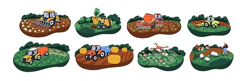 Works at agriculture field, farm, pasture set. Tractors, machines harvesting crops of farmlands. Cultivation of agro plantations in countryside. Flat vector illustrations isolated on white background.