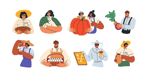 Farmers characters set. Agriculture workers holding farm food products, local vegetables, eggs, harvest, organic crops, animal, honey in hand. Flat vector illustrations isolated on white background.