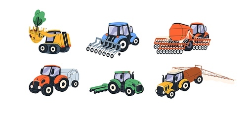 Agriculture machines, farm tractors, farmland machinery set. Agricultural farming transport of different types for crop cultivation. Flat graphic vector illustrations isolated on white background.